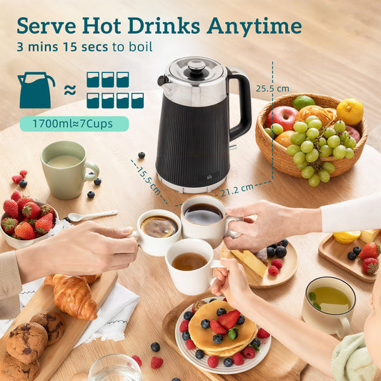 HOMCOM Electric Stainless Steel Kettle and Toaster Set, 3000W 1.7L UK Strix Thermostat Fast Boil Kettle w/ Limescale Filter, Cool Touch Body, 4 Slice Toaster with 7 Browning Levels, Black