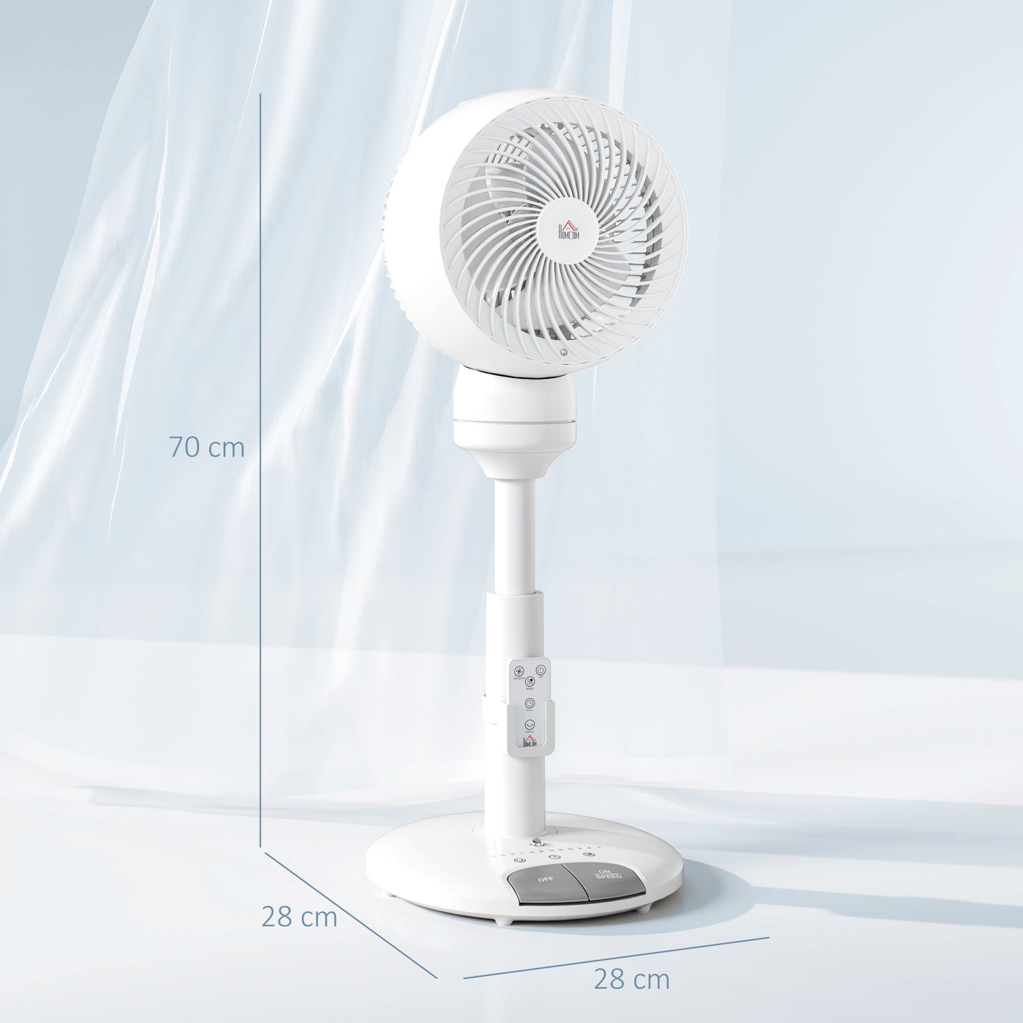HOMCOM Standing Fan for Bedroom, 28" Pedestal Fan with Remote, 70° Oscillating, 90° Vertical Tilt, 3 Speeds, Adjustable Height, 7H Timer, Foot Button, White