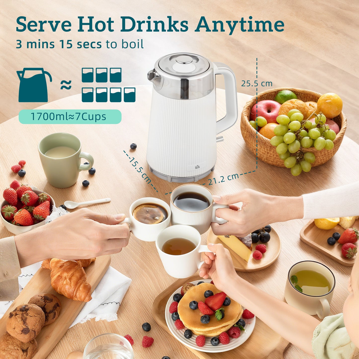 HOMCOM Electric Stainless Steel Kettle and Toaster Set, 3000W 1.7L UK Strix Thermostat Fast Boil Kettle w/ Limescale Filter, Cool Touch Body, 4 Slice Toaster with 7 Browning Levels, White