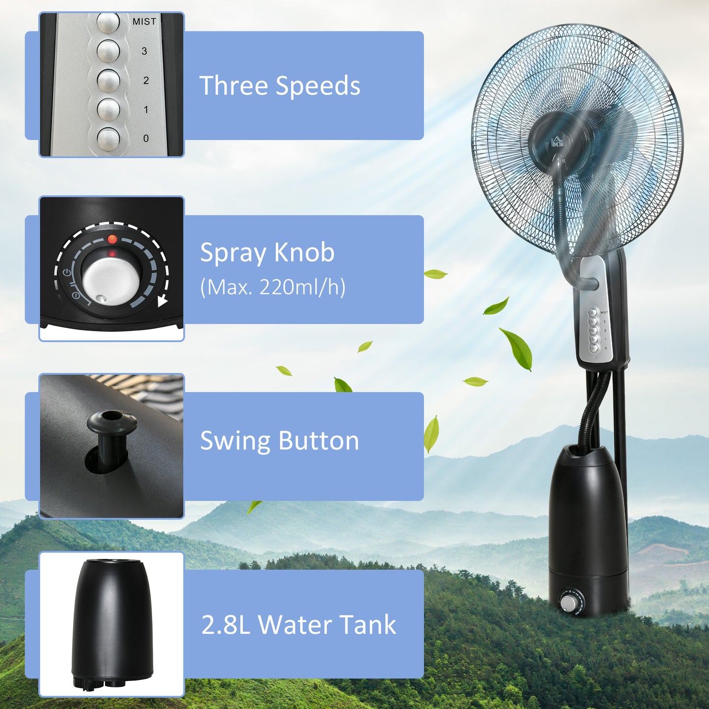HOMCOM Spray Misting Fan, Floor Fan with Water Mist Spray, 70° Oscillation, Tilt Head, 3 Speeds, 2.8L Water Tank, Black