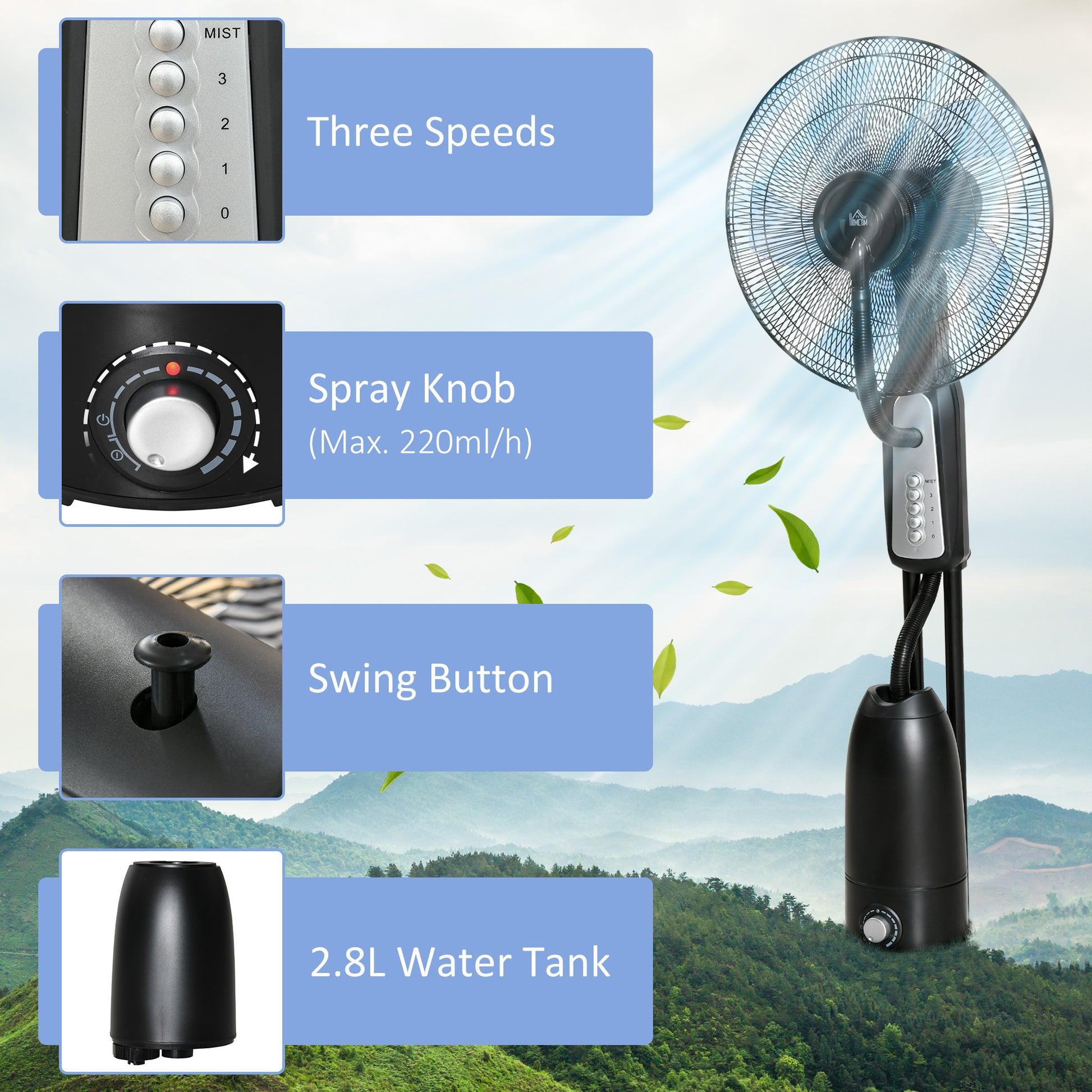 HOMCOM Spray Misting Fan, Floor Fan with Water Mist Spray, 70° Oscillation, Tilt Head, 3 Speeds, 2.8L Water Tank, Black