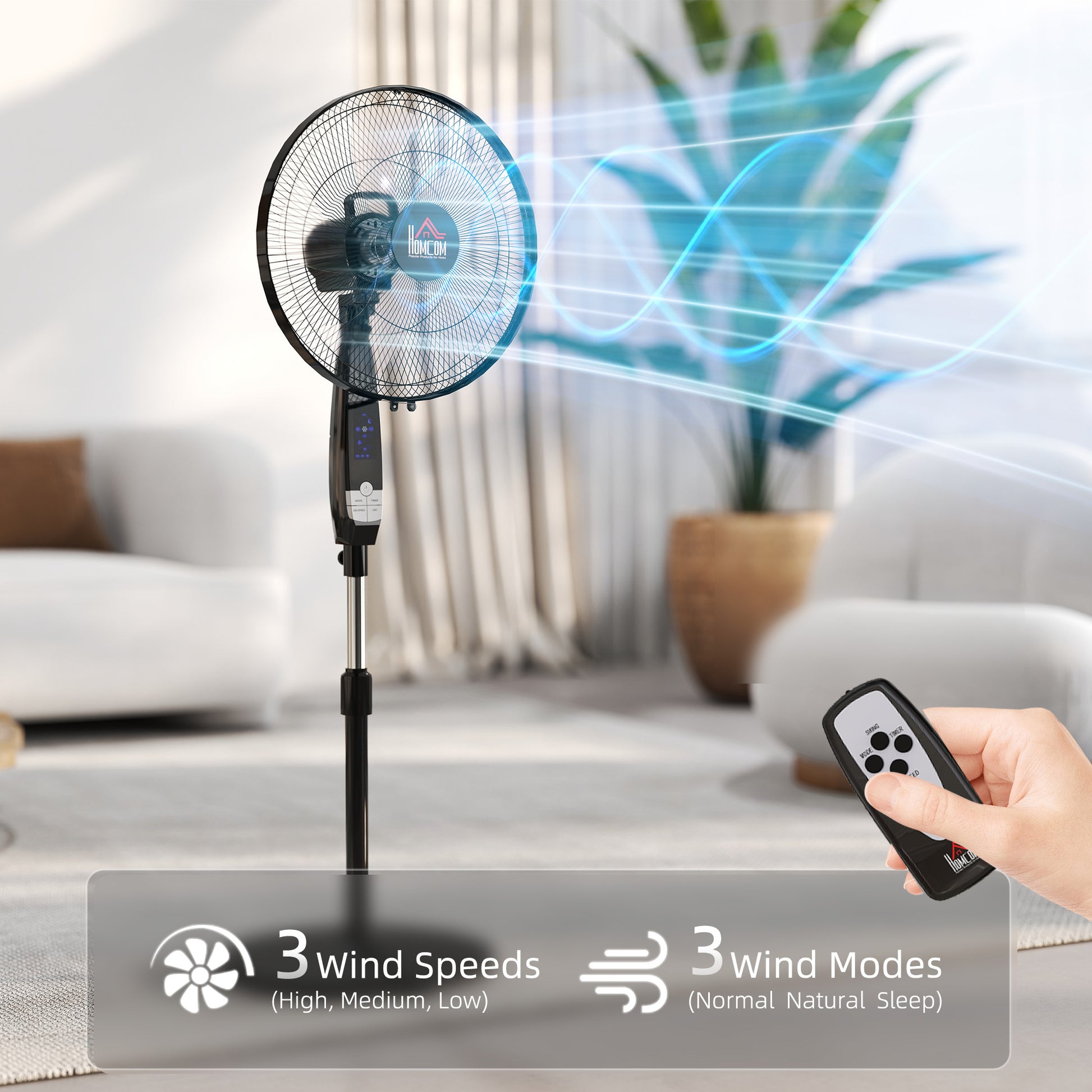 HOMCOM 40 cm Pedestal Standing Floor Fan, Oscillation Cooling Fan with Remote Control, Black