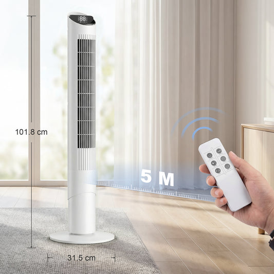 HOMCOM Tower Fan with WiFi App Control Standing Floor Cooling Fan Remote Control 101.8 cm White