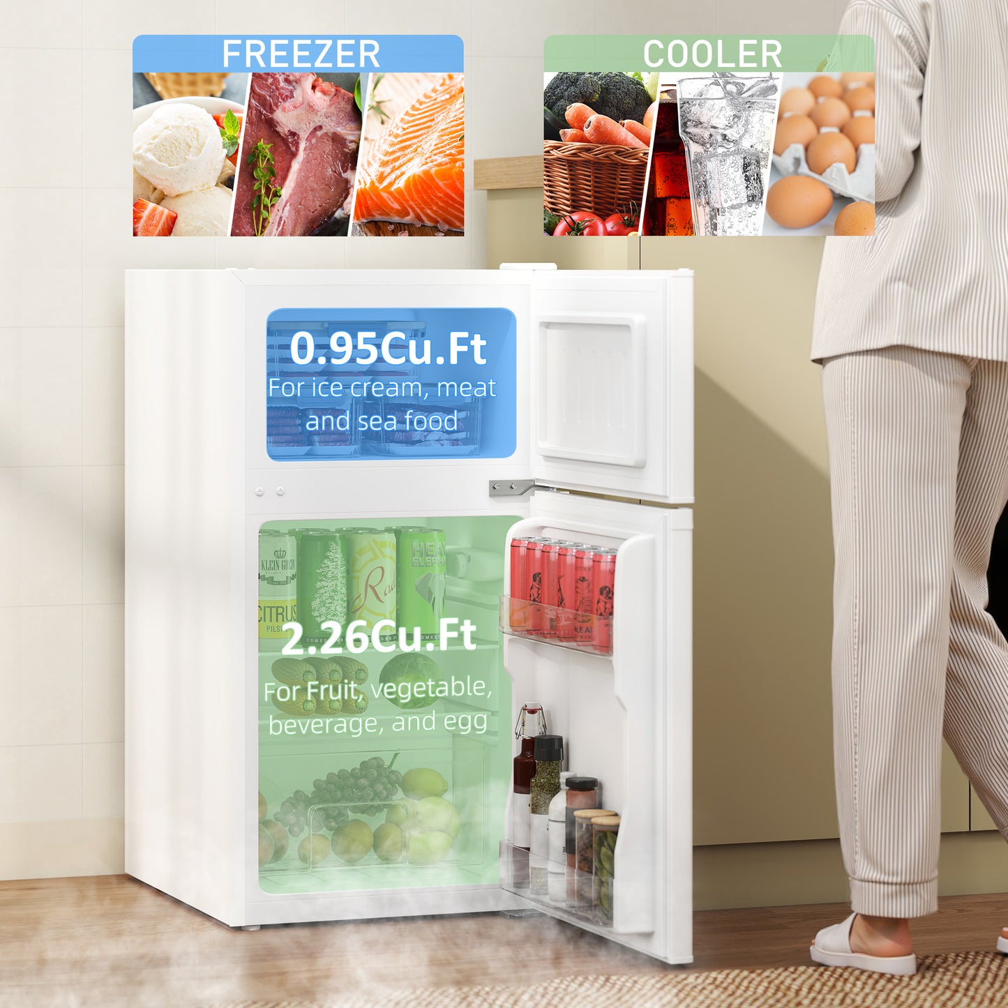 HOMCOM 88L Under Counter Fridge Freezer, Small Refrigerator with 5-Setting, 3 Star Freezer Rating, White