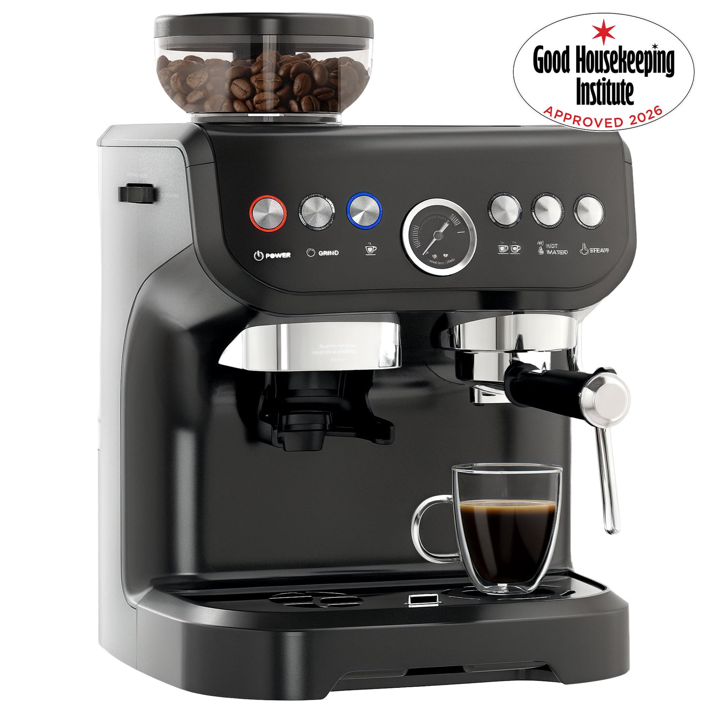 HOMCOM 15 Bar Coffee Machine with Adjustable Grind, Steamer and Accessories, Good Housekeeping Institute Approved, Black