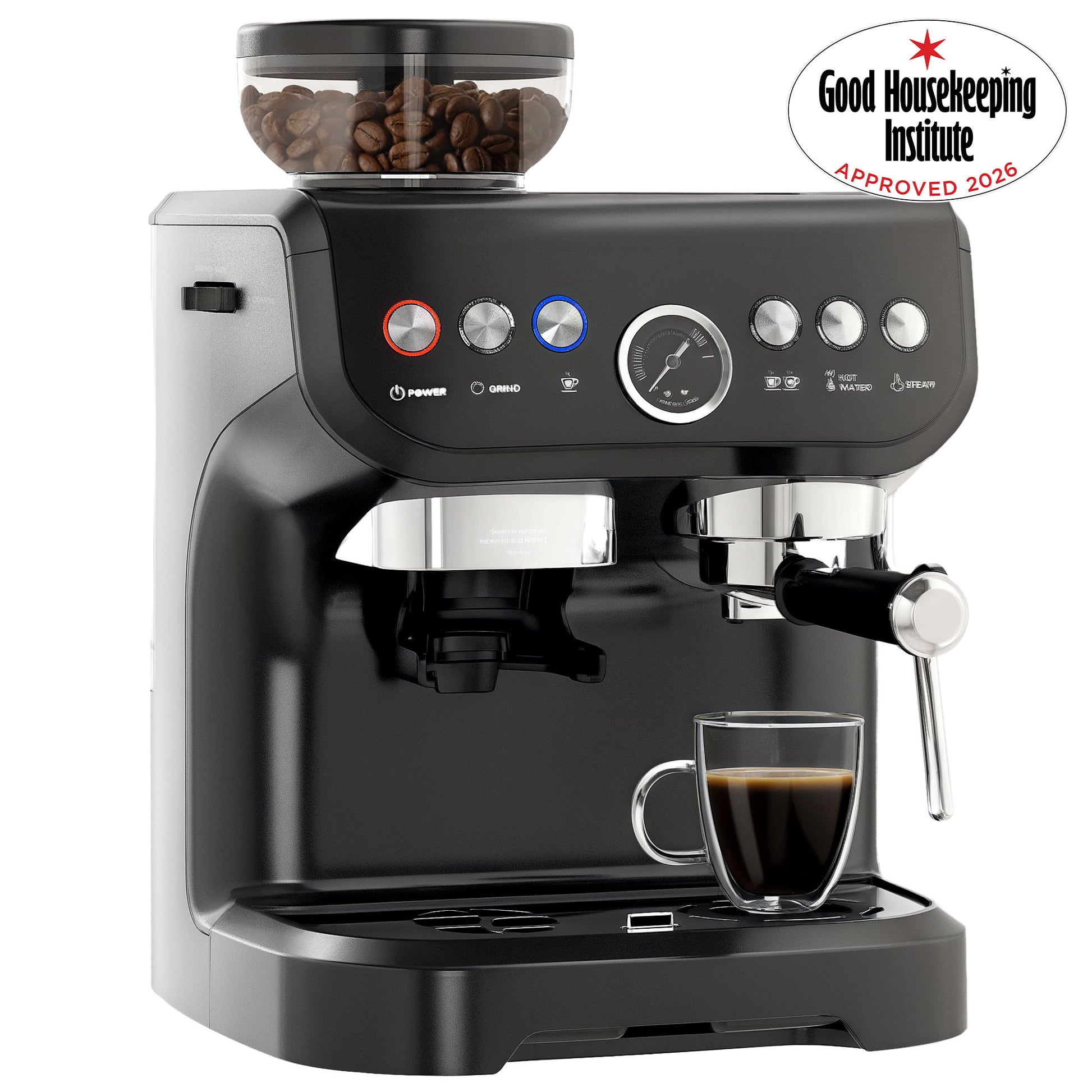 HOMCOM 15 Bar Coffee Machine with Adjustable Grind, Steamer and Accessories, Good Housekeeping Institute Approved, Black