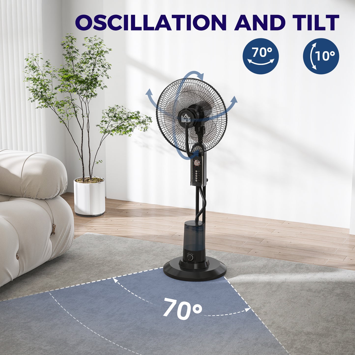 HOMCOM Pedestal Fan with Water Mist Spray, Spray Misting Fan with 70° Oscillation, Tilt Head, 3 Speeds, 3 Modes, Adjustable Mist, 3.2L Water Tank, for Home, 120 cm