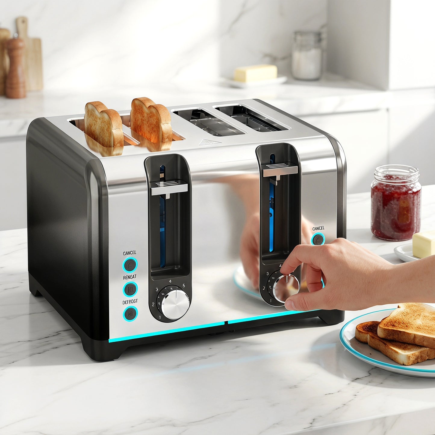 HOMCOM 4 Slice Toaster with 7 Browning Levels, Reheat, Defrost and Cancel Functions