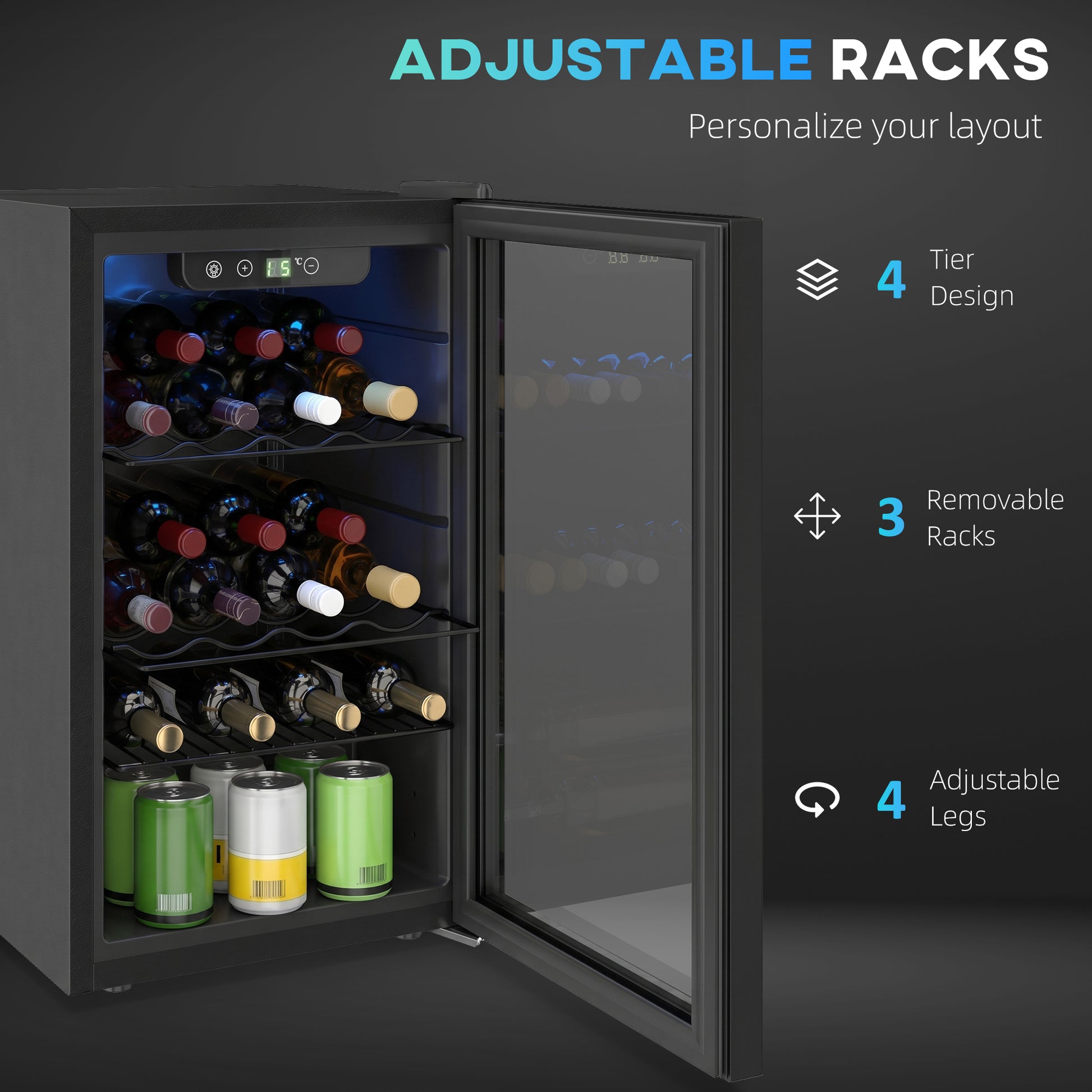HOMCOM 24 Bottle Wine Cooler, 68 Litre Capacity, 4-16°C Freestanding Drinks Beer Wine Fridge with Glass Door, Black