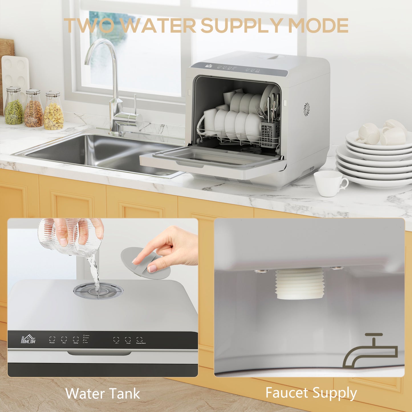 HOMCOM Table Top Dishwasher with Built-in 6L Water Tank, Mini Countertop Dishwasher with 6 Programs, 4 Place Settings, Silver Tone