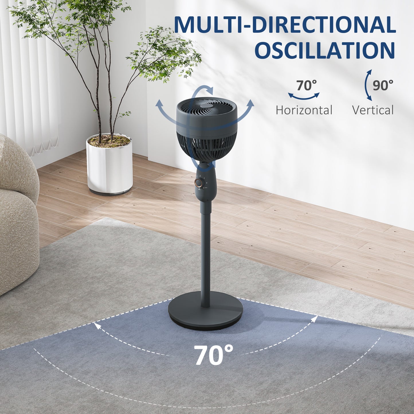 HOMCOM Pedestal Fan, Powerful Air Circulator, 36 Inch Floor Standing Fan with 3 Speed Settings, 70° Oscillating for Bedroom, Home and Office, Grey
