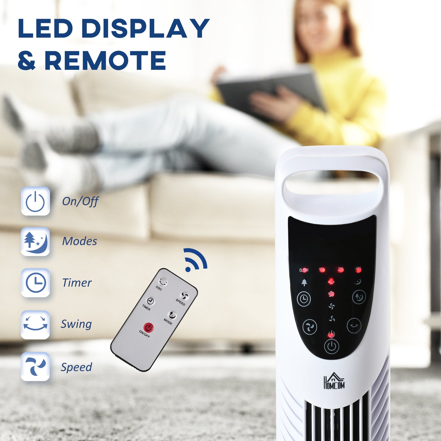 HOMCOM 36" Freestanding Tower Fan, Pedestal Fan with 3 Speed 3 Mode, 7.5h Timer, 70 Degree Oscillation, LCD Panel, 5M Remote Controller, White