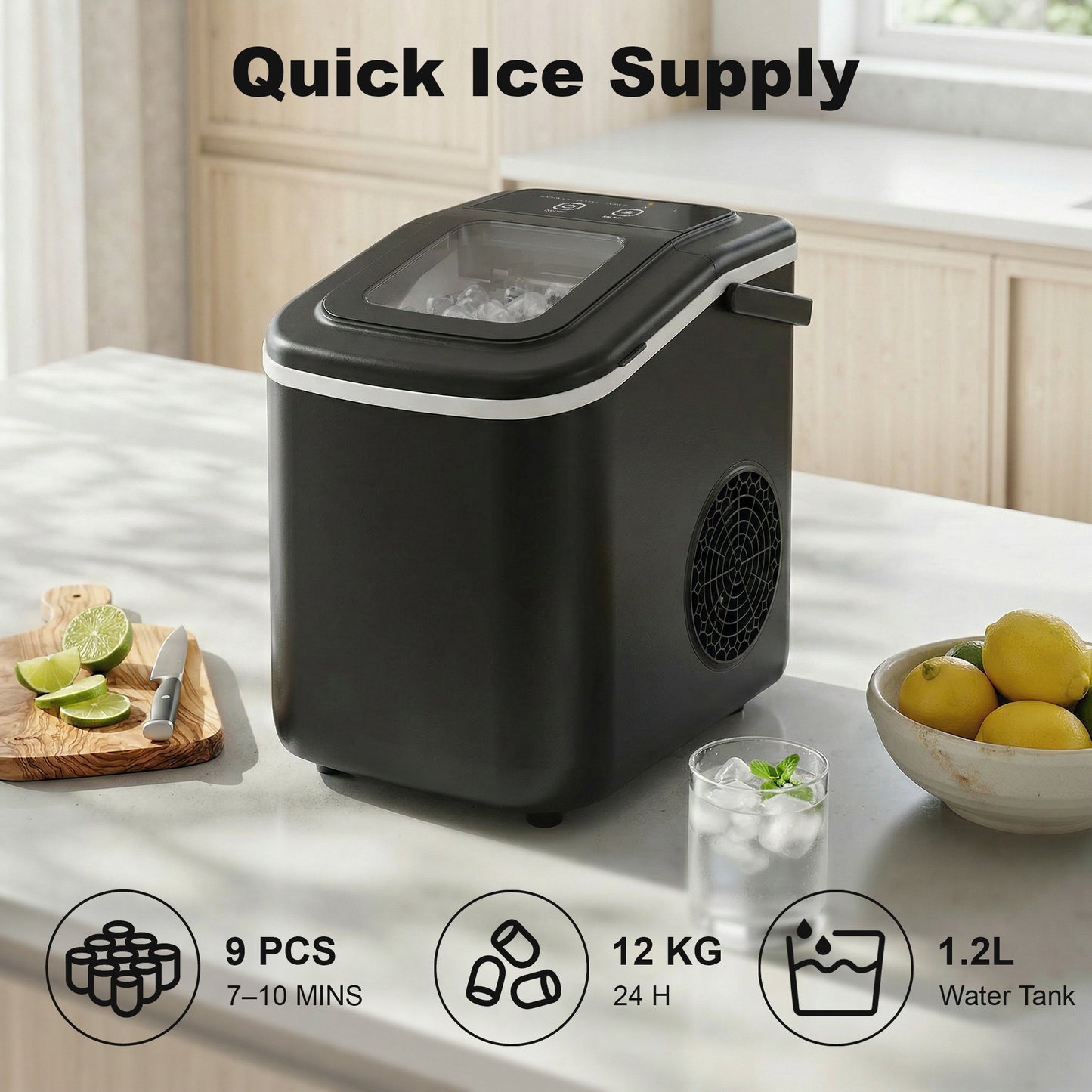 HOMCOM Countertop Ice Maker Machine 9 Cubes in 7 Mins Portable Ice Machine Ice Scoop and Basket 2 Sizes Black