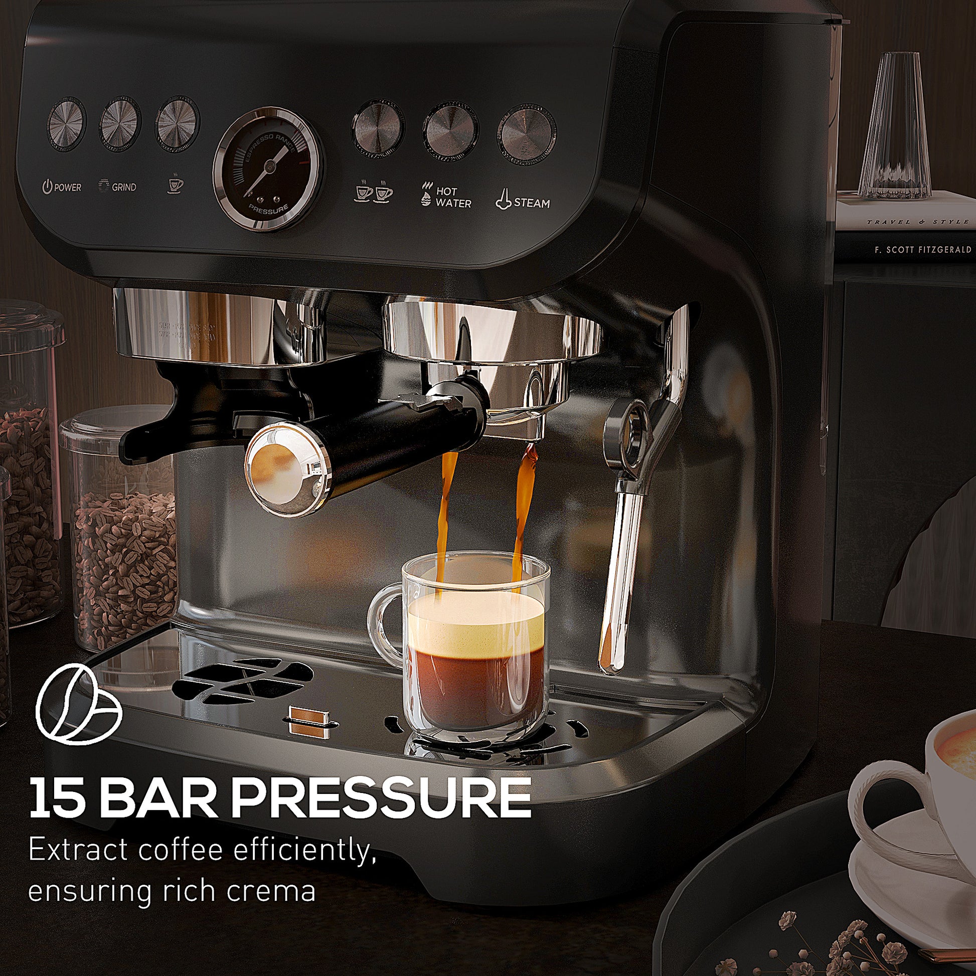 HOMCOM 15 Bar Coffee Machine with Adjustable Grind, Steamer and Accessories, Good Housekeeping Institute Approved, Black