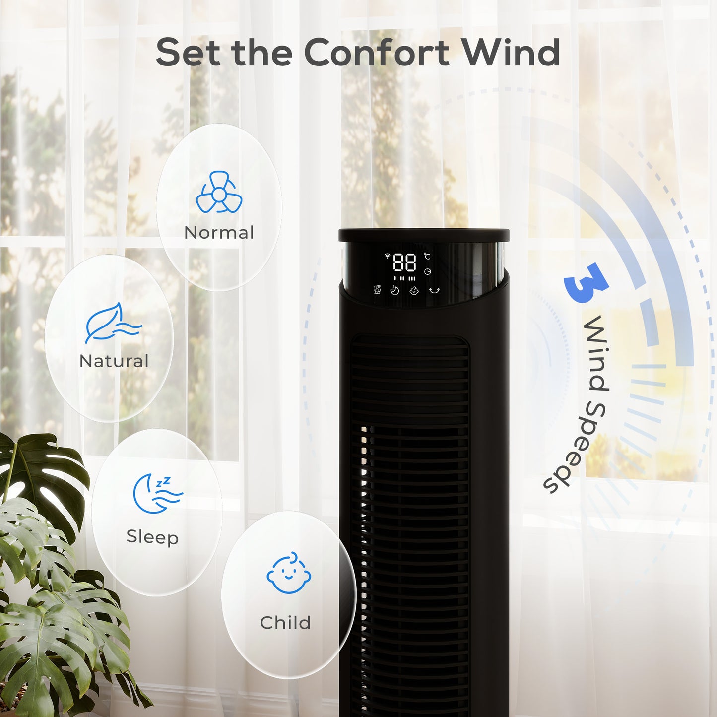 HOMCOM Tower Fan with WiFi Control Standing Floor Fan with Remote Control 116 cm Black