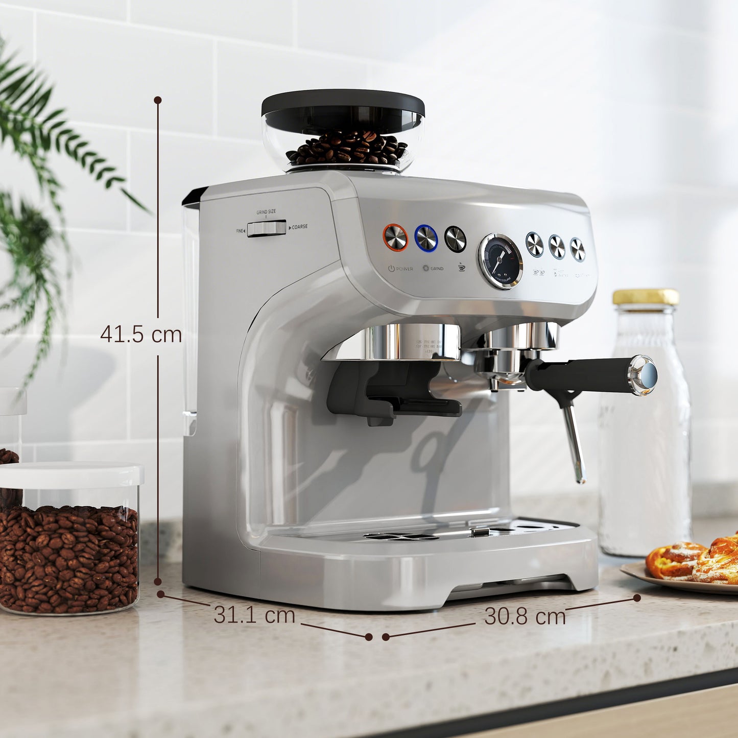 HOMCOM 15 Bar Coffee Machine with 15 Adjustable Grind Setting, Steamer and Complete Kit - Silver Colour
