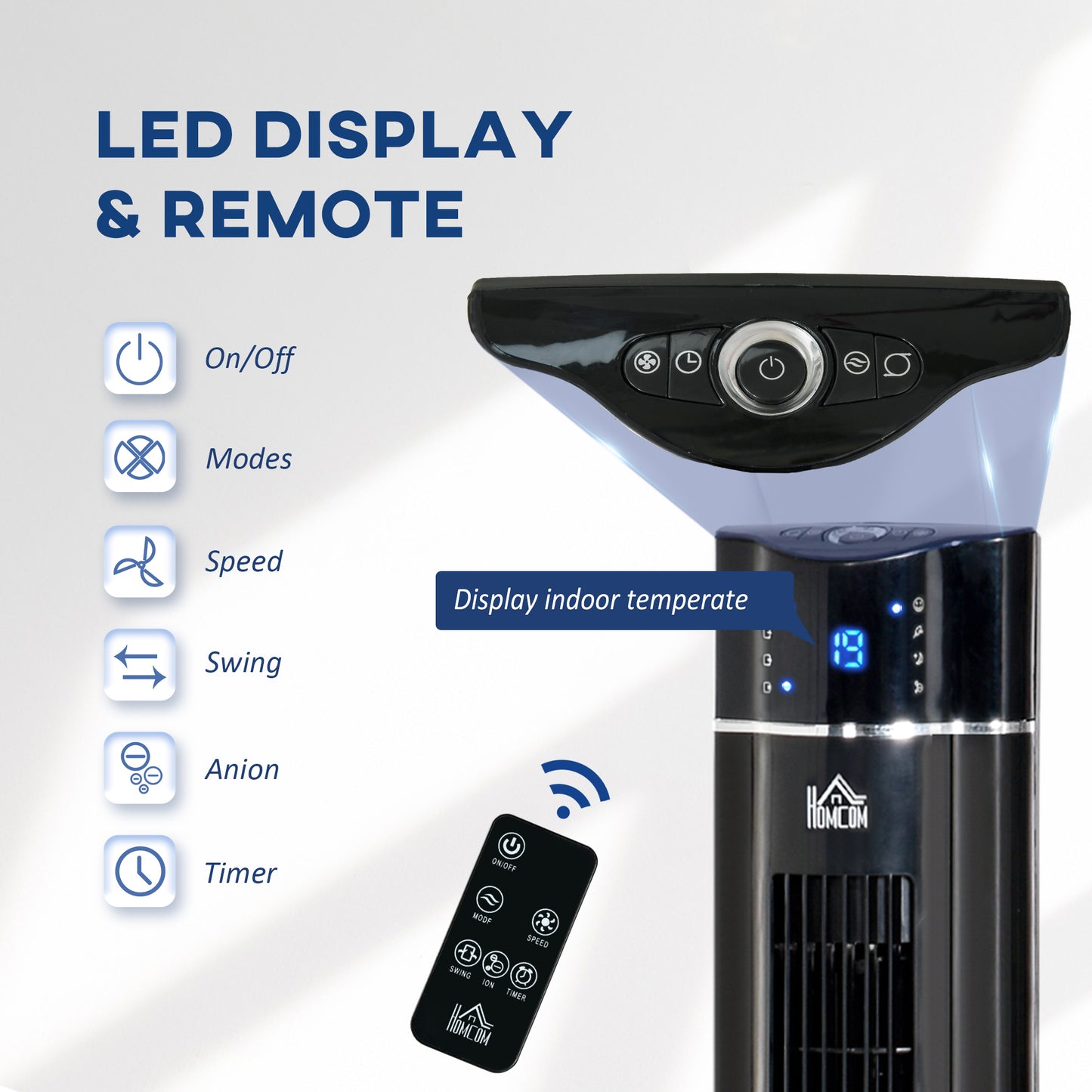 HOMCOM Anion Tower Fan for Bedroom, 42 inch, 6 m/s Powerful Velocity, Standing Floor Fan with 60° Oscillating, 3 Modes, 3 Speeds, 8 Hour Timer, LED Display, Remote Control, Black