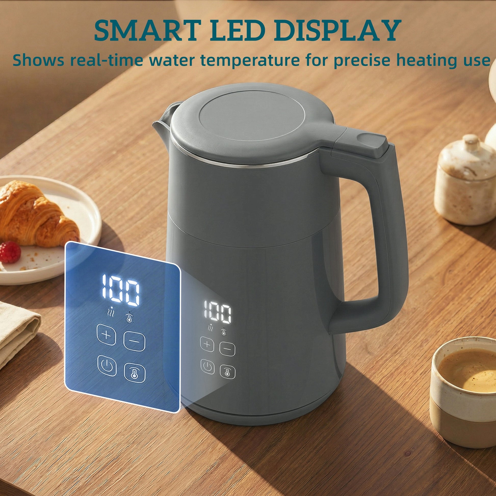 HOMCOM Electric Kettle, 1.7L Fast Boil 3kW Water Kettle with UK Strix Thermostat, LED Display, Keep Warm Function, Grey