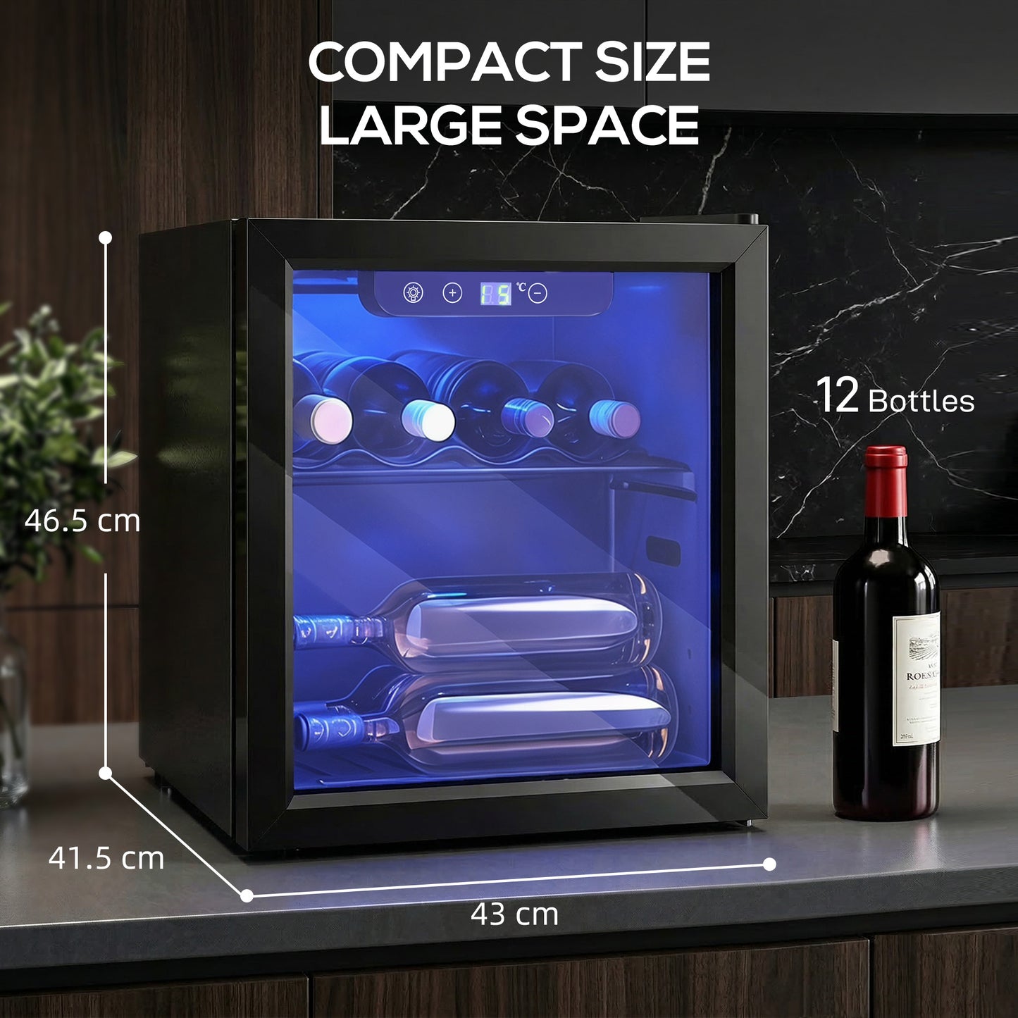 HOMCOM 12 Bottle Wine Cooler, 36 Litre Capacity, 4-16°C Under Counter Drinks Beer Wine Fridge with Glass Door, LED Light, Black