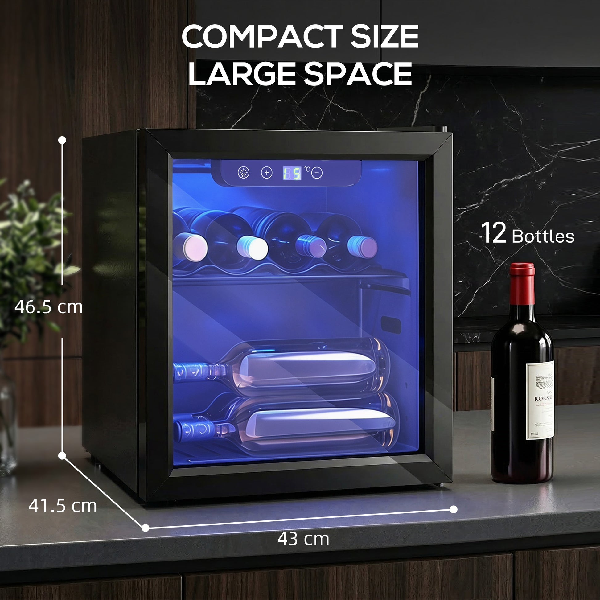 HOMCOM 12 Bottle Wine Cooler, 36 Litre Capacity, 4-16°C Under Counter Drinks Beer Wine Fridge with Glass Door, LED Light, Black