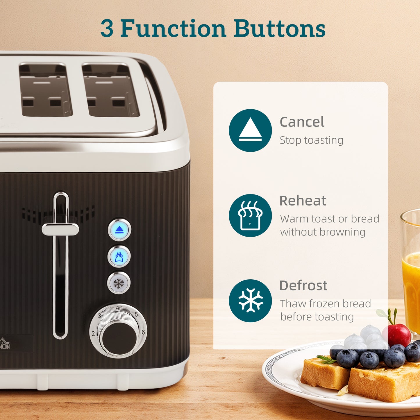 HOMCOM Electric Stainless Steel Kettle and Toaster Set, 3000W 1.7L UK Strix Thermostat Fast Boil Kettle w/ Limescale Filter, Cool Touch Body, 4 Slice Toaster with 7 Browning Levels, Black