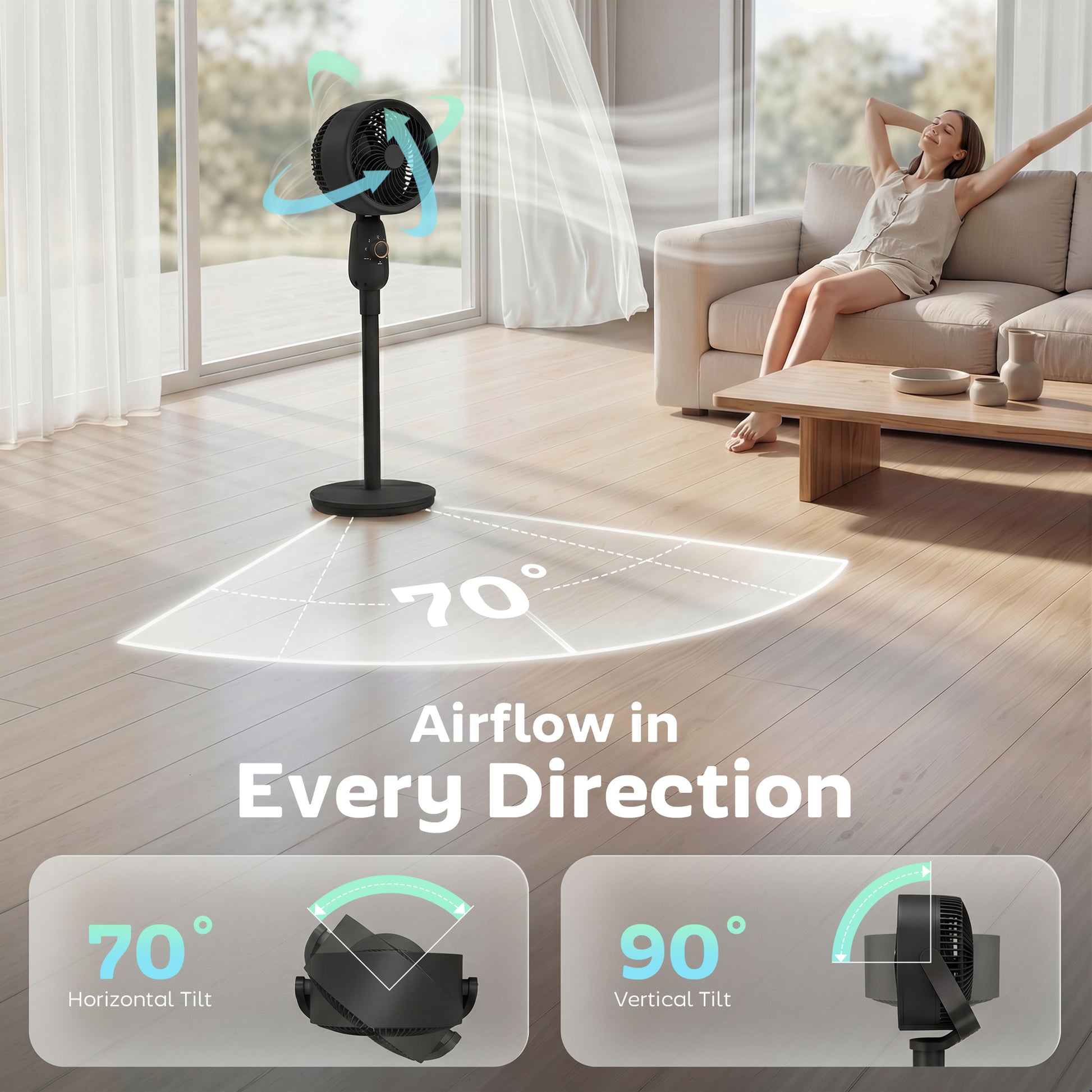 HOMCOM Pedestal Fan, Powerful Air Circulator, 36 Inch Floor Standing Fan with 3 Speed Settings, 70° Oscillating for Bedroom, Home and Office, Black